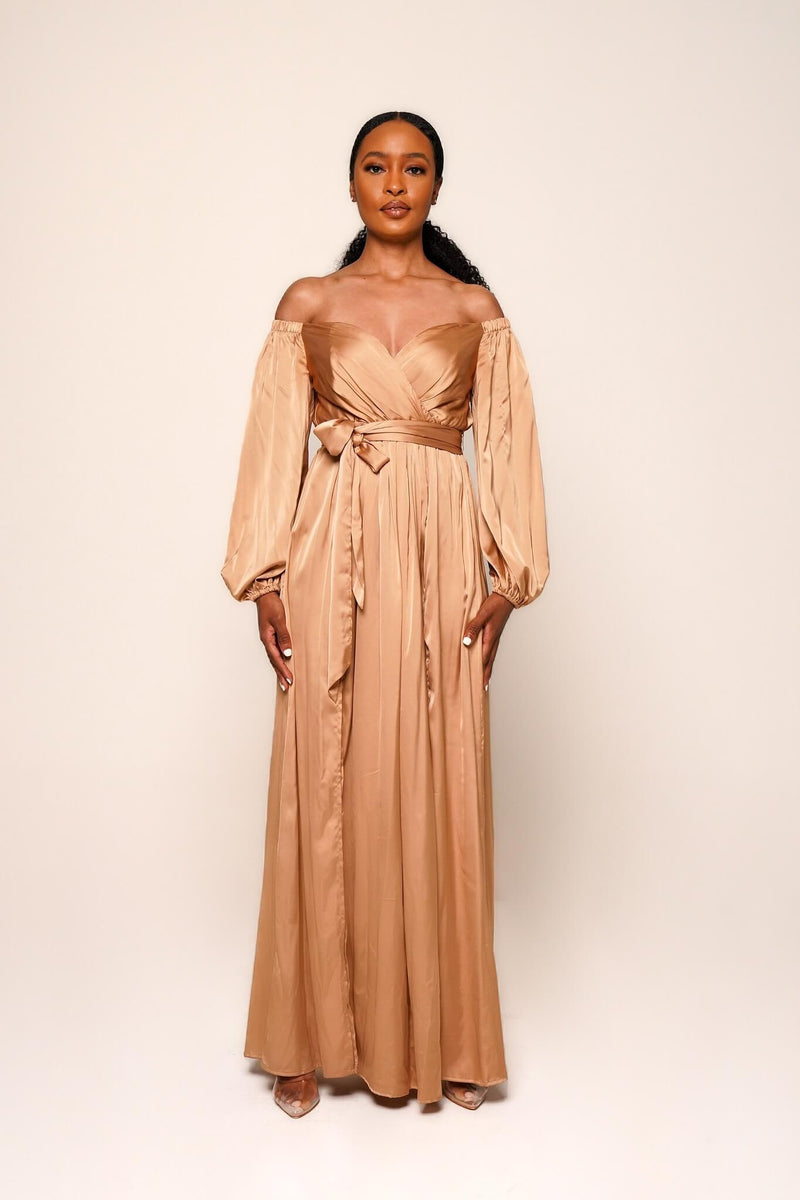 Gold satin 2024 long sleeve dress